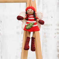 Tara Treasures - Felt Christmas Fairy - Red Dress and Brown Hair