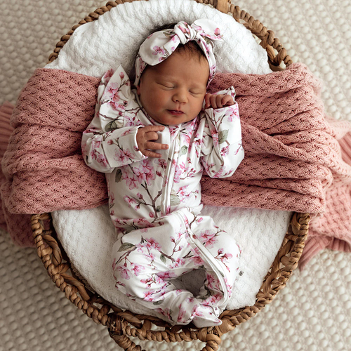 Snuggle Hunny - Cherry Blossom Organic Sleepsuit Zip Footie with Frill [Size: 000]