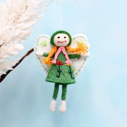 Tara Treasures - Felt Fairy Green Dress, White Wings